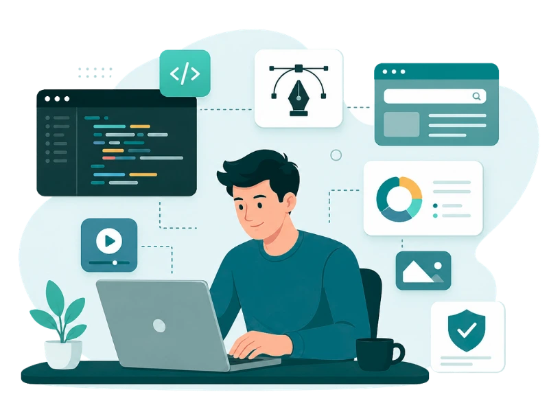 Illustration showing web development, graphic design, SEO, motion graphics, virtual assistant, and content creation services